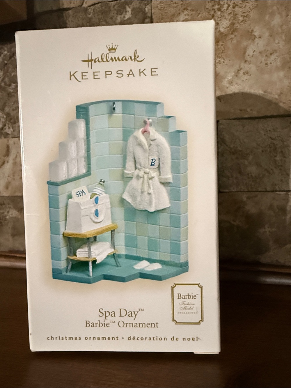 Hallmark Spa Day Barbie Ornament - White Robe with Teal Tiles